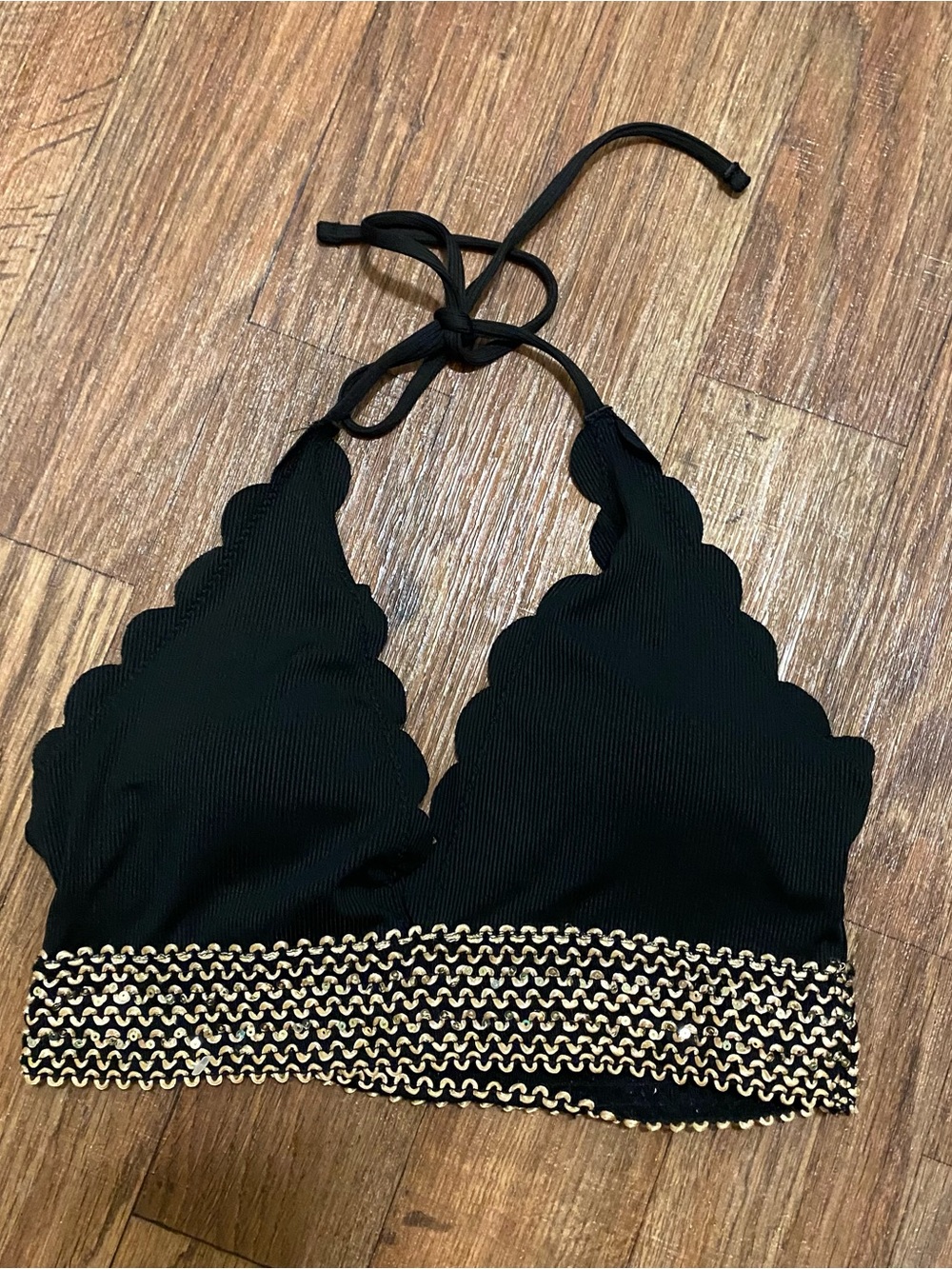 Womens XL Swimsuit Halter Bikini Top Only Black Gold Wavy Trin Sequins Scalloped